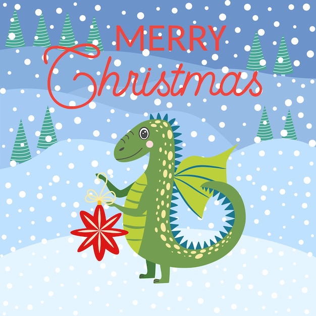 Vector christmas card with cute green dragon year of the dragon 2024 china