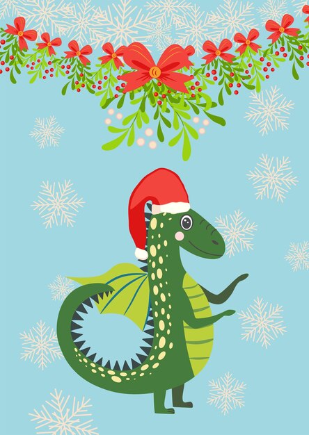 Вектор Рождественская открытка с милым зеленым драконом год дракона 2024 китай