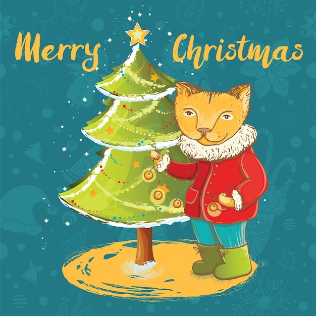 christmas card with cute kitten decorating christmas tree.