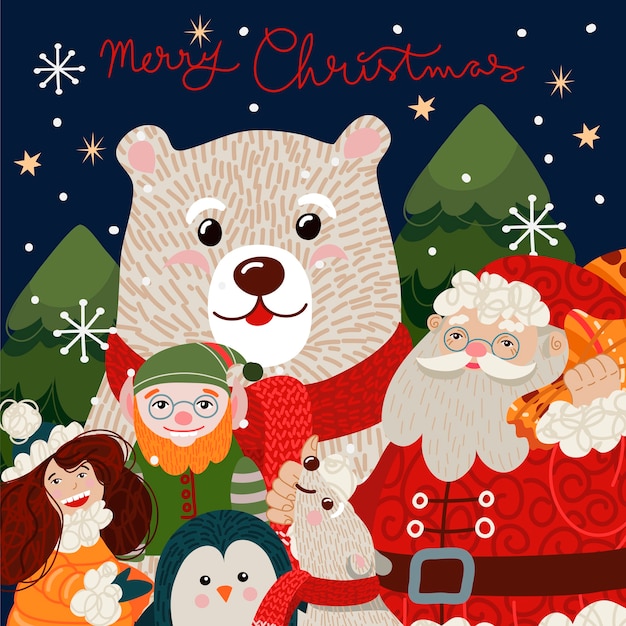 Christmas card with cute polar bear in a red scarf. 
