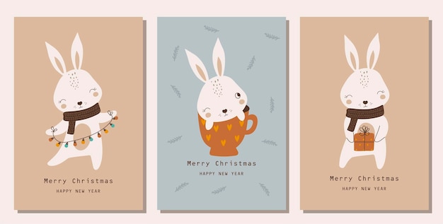 Christmas card with cute rabbit vector illustrations