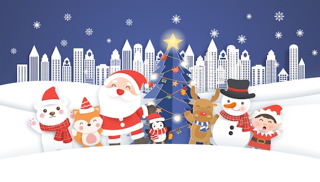 Christmas card with cute Santa Clause and friends in the city. paper cut style.