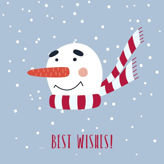 Cartolina di natale con pupazzo di neve carino in sciarpa. Vettore Premium