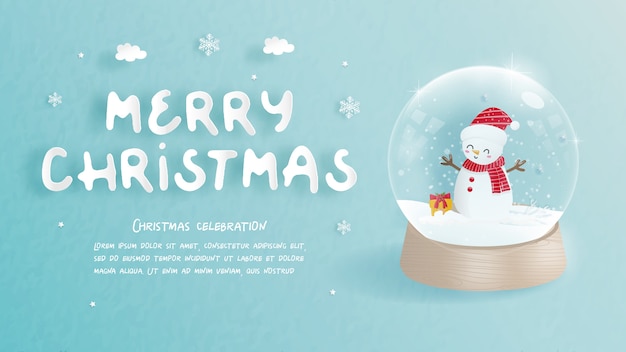 Vector christmas card with cute snowman in a snow globe in paper cut style.