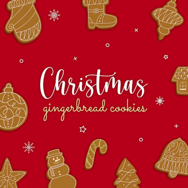 Рождественская открытка с вкусными пряниками на красном фоне