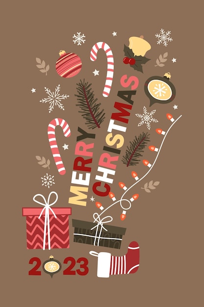 Рождественская открытка с различными элементами и надписью милая ручная иллюстрация