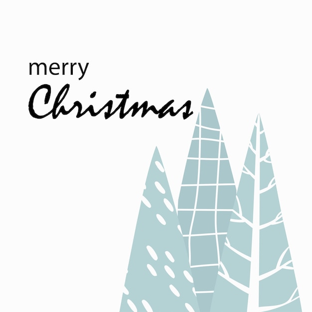 Christmas card with different trees and the inscription. Cartoon style. Wallpaper, graphics. doodle cute simple design. Holiday. Vector illustration.