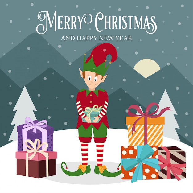 Christmas card with elf and gift box