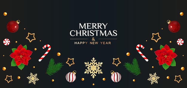 お祝いの要素を持つクリスマスカードポインセチア雪片モミの枝と星