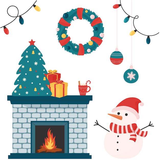 Christmas card with fireplace and snowman