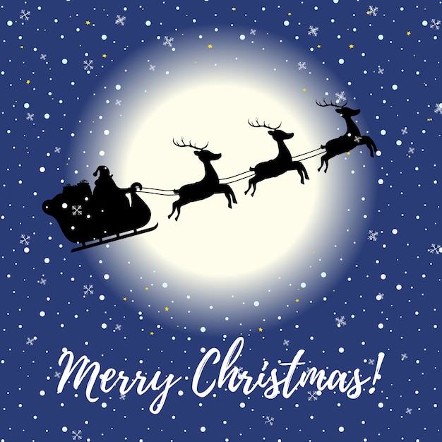 Christmas card with flying sleigh at night