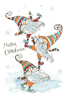 Biglietto natalizio con una simpatica famiglia di gnomi nordici con regali. acquerelli e grafica. stile scarabocchio