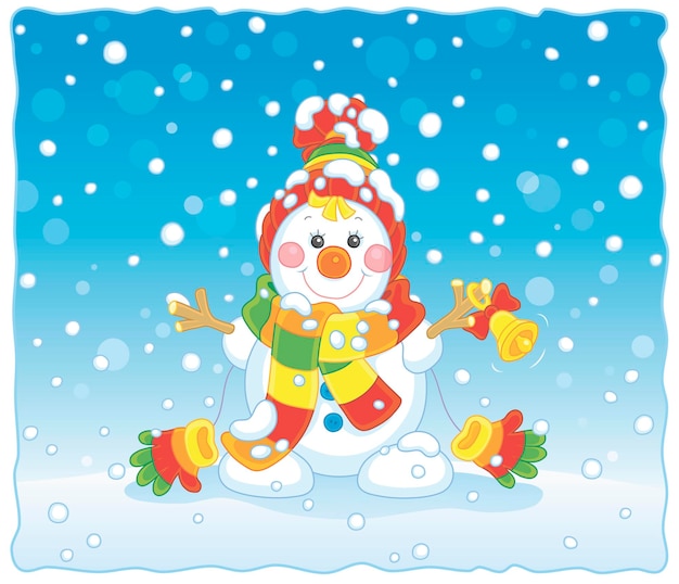 Christmas card with a funny little toy snowman ringing a small bell on a snowy winter day