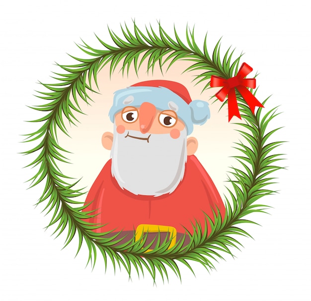 전나무 가지 라운드 프레임에 재미있는 산타 클로스와 크리스마스 카드. 산타 클로스가 낭비되었습니다. 흰색 바탕에. 라운드 요소. 만화 캐릭터 그림.