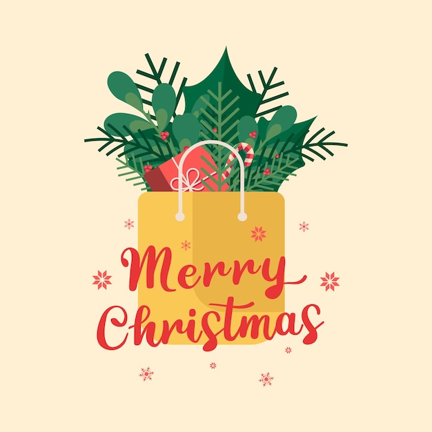 Christmas card with a gift and a Christmas tree branch. Merry Christmas lettering. Vector graphics