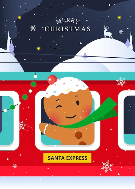 Christmas card with gingerbread on the train