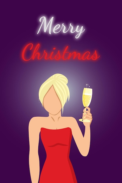 Christmas card with a girl holding a glass of champagne