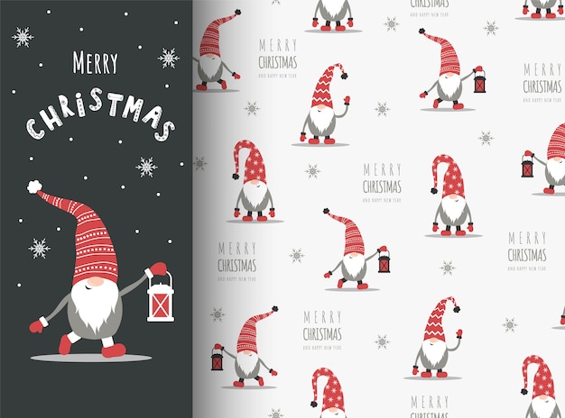 Christmas card with gnome in red hat. cute scandinavian elves on seamless pattern.