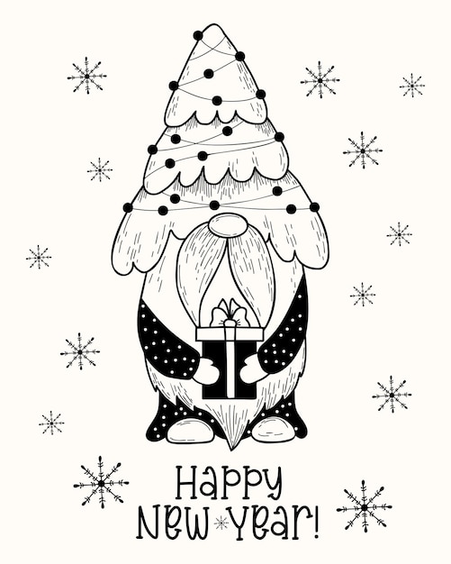 Vector christmas card with hand drawn cute scandinavian gnome with christmas tree and gift happy new year