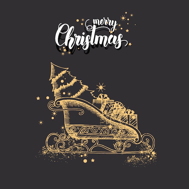 Christmas card with hand drawn doodle golden christmas santa's sleigh and glitter.