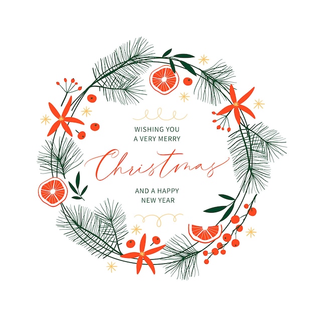 Christmas card with hand drawn wreath and hand-lettered text. holidays poster.