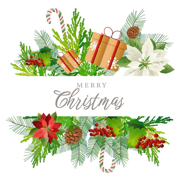 Christmas card with holiday wishes. Composition of festive elements such as candies, berries, gifts