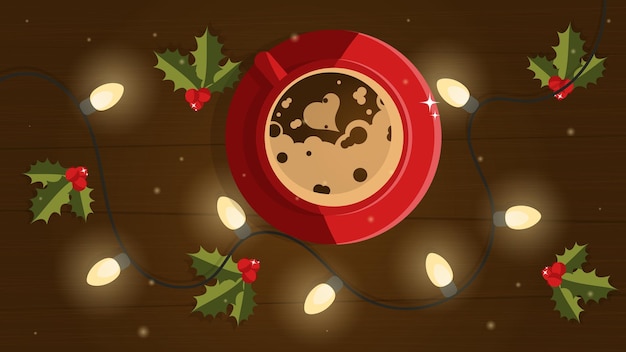 新年のホットドリンクコーヒーとクリスマスカード冬のカップホットドリンクのホットチョコレート