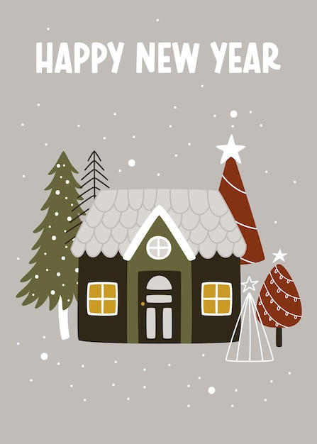 Christmas card with a house and Christmas trees to celebrate the winter New Year holidays. Vector