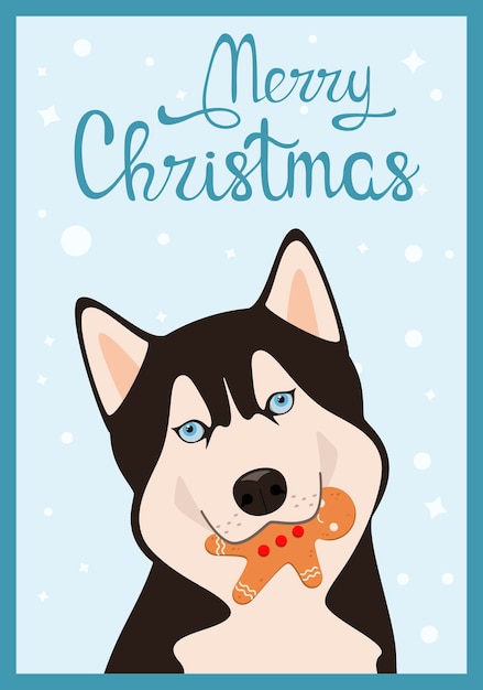 Christmas card with husky. Cute cartoon-style dog.