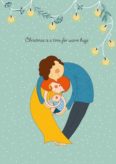 Christmas card with an illustration of a family with a child in each other's warm hug