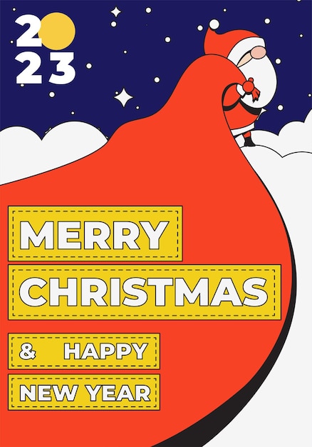 Christmas card with the image of Santa Claus with a large bag of gifts