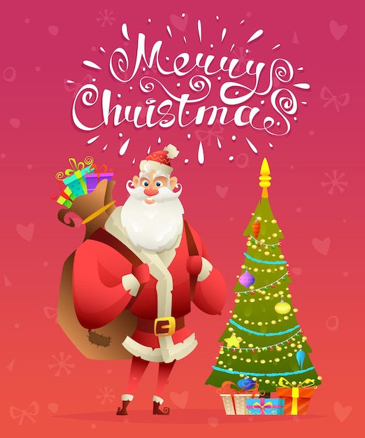 Christmas card with a merry Santa Claus a Christmas tree and gifts on a red background