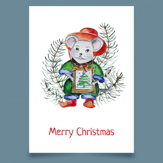 Christmas card with mouse in hat