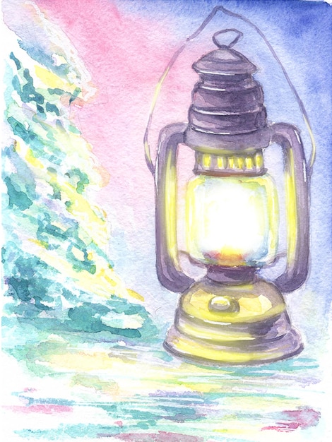 рождественская открытка со старой лампой в лесу