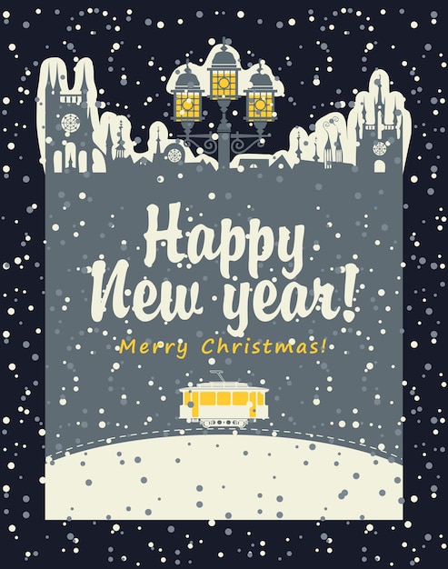 Christmas card with old town and tram