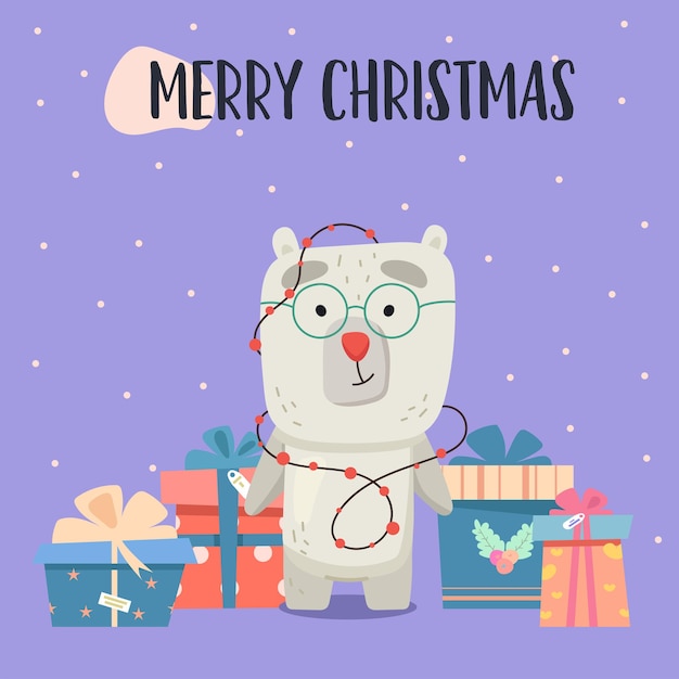 Christmas card with polar bear in cartoon style