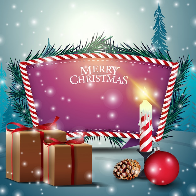 Рождественская открытка с фиолетовым шаблоном текста, свечами и подарками