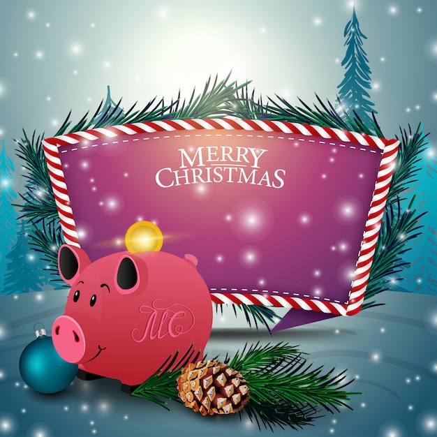 Christmas card with purple text template and piggy Bank