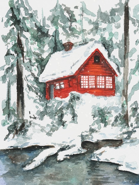 Vector christmas card with red house in the forest