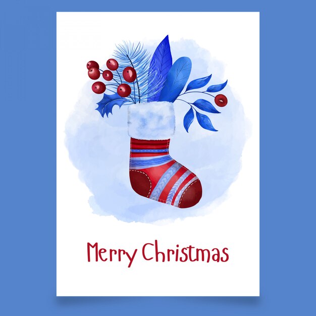 Christmas card with red stocking with leaves and viburnum 