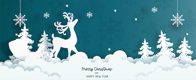 Christmas card with reindeer and Christmas tree.