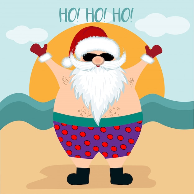 Cartolina di natale con babbo natale in spiaggia