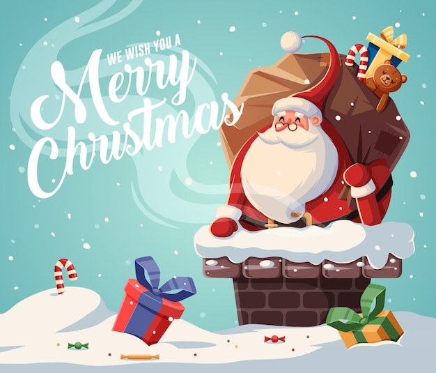 Vector christmas card with santa claus in the chimney