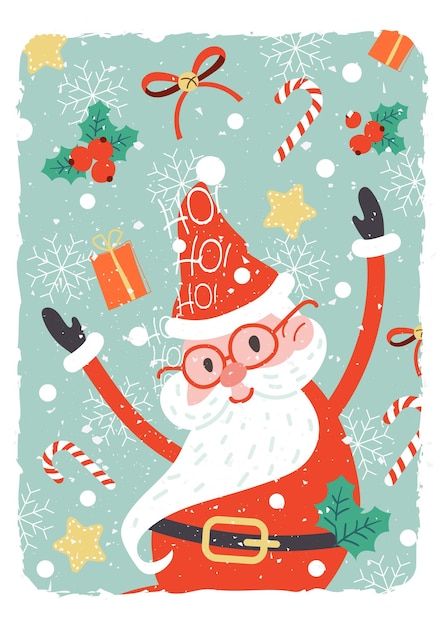 Christmas card with santa claus funny colored postcard in cartoon style hand drawn illustration