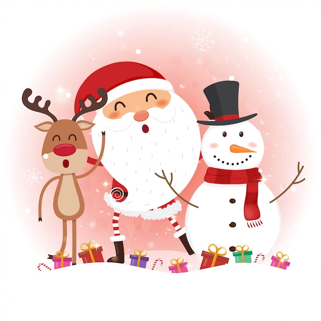 산타 클로스, 눈사람 및 순 록 크리스마스 카드.