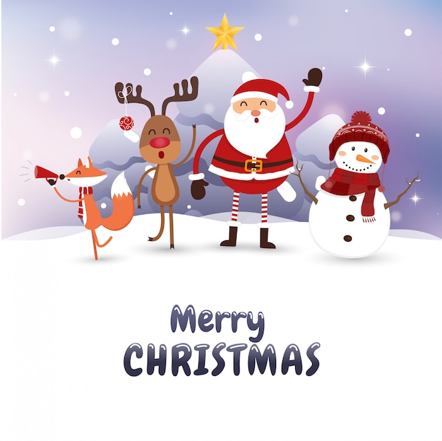 Christmas card with santa claus and wild animals.