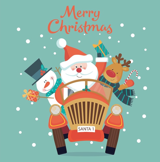 Vector christmas card with santa, deer and snowman in a car.