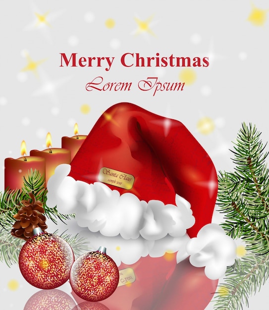 Christmas card with santa hat and baubles