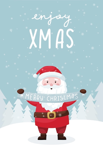 メリー クリスマス 冬の森の吹きだまりの言葉でリボンを保持している笑顔のサンタとクリスマス カード 手レタリング クリスマスをお楽しみください かわいいフラット漫画のキャラクター 色ベクトル イラスト