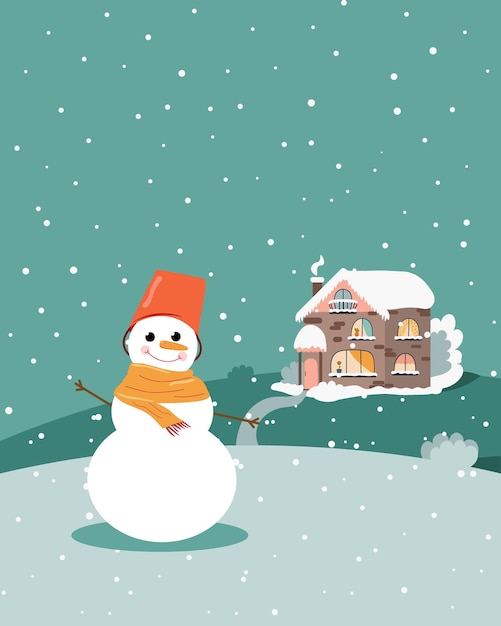 Christmas card with a snowman on the background of a rustic snowcovered house Template for postcard banner or design Flat illustration with space for text